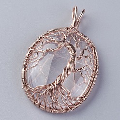 Quartz Crystal Natural Quartz Crystal Big Pendants, Rock Crystal, with Rose Gold Tone Brass Findings, Oval with Tree of Life, 56~58.5x35~36x12~13.8mm, Hole: 4.2~5.2x4.6~6mm