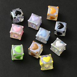 Mixed Color Transparent Acrylic European Beads, with Enamel, Large Hole Beads, Cube with Heart, Mixed Color, 12x14x15mm, Hole: 7mm