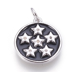 Платина Латунь эмаль подвески, с кубического циркония, плоские круглые со звездой, чёрные, платина, 17x15x2 мм, отверстие : 3.5 мм