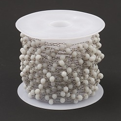 White Glass Round Beaded Chains, with 304 Stainless Steel Findings, Unwelded, with Spool, White, 3x3.5mm, about 16.40 Feet(5m)/Roll