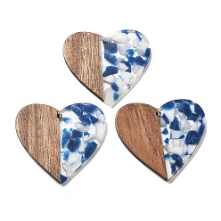 Морской Синий Подвески из смолы и ореха, сердце, Marine Blue, 37x38.5x2.5 мм, отверстие : 2 мм