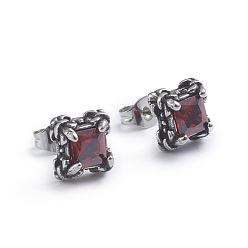 Antique Silver Retro 304 Stainless Steel Stud Earrings, with Cubic Zirconia and Ear Nuts, Square, Red, Antique Silver, 8.5x8.5mm, Pin: 0.6mm