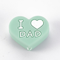Аквамарин День матери бусины из пищевого экологически чистого силикона, сердце со словом я люблю папу или маму, аквамарин, 20x25x10 мм, отверстие : 2 мм