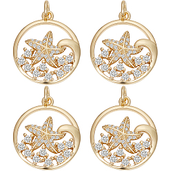 Настоящее золото 18K 6 кулоны из латуни с микрочастицами и кубическим цирконием., плоская круглая и морская звезда, реальный 18 k позолоченный, 20x18x4.5 мм, отверстие : 3 мм