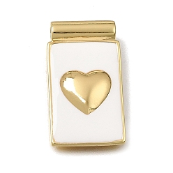 Golden Brass with White Enamel Pendants, Rectangle with Heart Charms, Rack Plating, Long-Lasting Plated, Cadmium Free & Lead Free, Golden, 26x15x4.5mm, Hole: 2mm