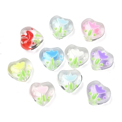 (52) Непрозрачная лаванда Эмалевые бусины ручной работы в технике лэмпворк, бусины ручной работы, Сердце со цветками , разноцветные, 13x14.5x8 мм, отверстие : 1.2 мм