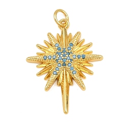 Star Brass Micro Pave Sky Blue Cubic Zirconia Pendants, Golden, Star, 27x21x4mm, Hole: 3.2mm