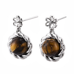 Платина Фурнитура для сережек-гвоздиков из латуни и тигрового глаза, с 925 иглой из стерлингового серебра, за половину пробурено бисера, платина, 20x12.5 мм, штифты : 0.8 мм