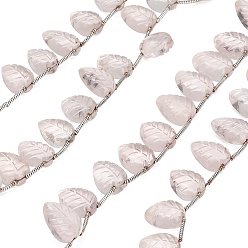 Rose Quartz Natural Rose Quartz Carved Beads Strands, Leaf, Top Drilled, with Tassel, 11~13x8~10x4~5.5mm, Hole: 0.3mm, about 15~19pcs/strand, 12.60''(32cm)