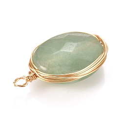 Green Aventurine Natural Green Aventurine Pendants, Wire Wrapped Pendants, with Light Gold Plated Eco-Friendly Copper Wire, Faceted, Oval, 21~24x13~14x6~6.5mm, Hole: 1.5~2.5mm