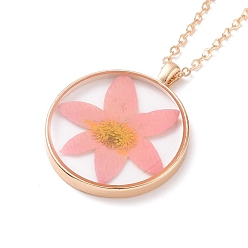 Pink Dry Pressed Real Flower Resin Pendant Necklace, Light Gold Alloy Choker Necklace for Women, Pink, 19.69 inch~20.47 inch(50~52cm)