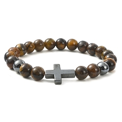 Тигровый глаз Эластичные браслеты из корса из натурального тигрового глаза и синтетического гематита, внутренний диаметр: 2-1/8~2-1/4 дюйм (5.5~5.7 см)