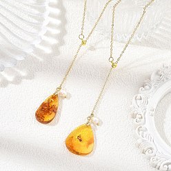 Golden Natural Amber Teardrop Pendant Lariat Y Necklaces with Brass Cable Chains and Natural Pearl for Women, Golden, 17.60 inch(44.7cm)