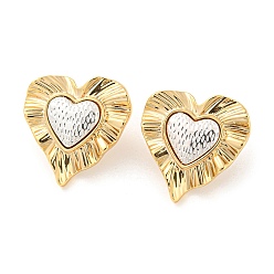 Golden & Silver Brass Stud Earrings, with 925 Sterling Silver Pin, Textured, Heart, Golden & Silver, 24.5x24mm