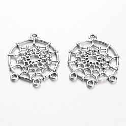 Antique Silver Tibetan Style Alloy Chandelier Components Links, Lead Free & Cadmium Free & Nickel Free, Flat Round with Web, Antique Silver, 34x28x2mm, Hole: 3mm