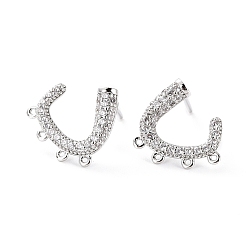 Platinum Brass Micro Pave Clear Cubic Zirconia Studs Earrings Findings, Cadmium Free & Lead Free, C Shape with Loops, Platinum, 14.5x13.5x2.5mm, Hole: 0.7mm, Pin: 0.9mm