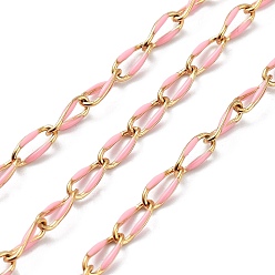 Pink 304 Stainless Steel Handmade Beaded Chain, with Enamel, with Spool, Soldered, Real 18K Gold Plated, Oval, Pink, 9x4x1mm, about 16.40 Feet(5m)/Roll