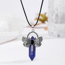 Ляпис-Лазурь Богемный кулон в виде стрекозы из натурального лазурита с заостренным концом, изготовленный из нержавеющей стали, в ожерелье из черной искусственной кожи., цвет нержавеющей стали, 17.32 дюйм (44 см)