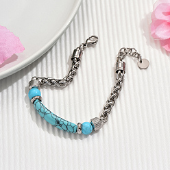 Синтетическая Бирюза Стильные браслеты из синтетических бирюзовых бусин, мужские браслеты-цепочки из нержавеющей стали, трубка, внутренний диаметр: 8-5/8 дюйм (22 см)