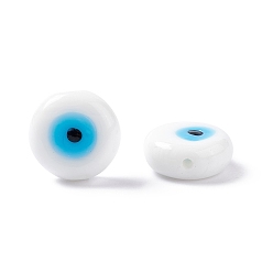 White Handmade Evil Eye Lampwork Beads, Half Drilled, Flat Round, White, 12~12.5x5mm, Hole: 1.2mm