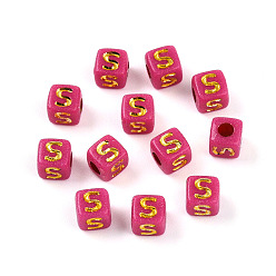 Letter S Покрытие акриловыми шариками, куб с письмом, золотой металл обвитыми, Письмо с, 4.5x4.5x4.5 мм, отверстие : 2 мм, Около 6250 шт / 500 г