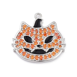 Platinum Rack Plating Brass Cubic Zirconia Pendants, Lead Free & Cadmium Free, Cat Charm, Platinum, 19.5x20x1.7mm, Hole: 1.2mm