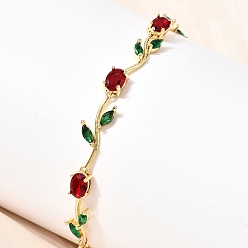 Colorful Leaf Brass Micro Pave Cubic Zirconia Link Chain Bracelets for Women, Cadmium Free & Lead Free, Real 18K Gold Plated, Rack Plating, Long-Lasting Plated, Colorful, 8.90 inch(22.6cm)