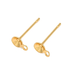 Настоящее золото 18K 304 Выводы серьги из нержавеющей стали шпилька, плоские круглые серьги с петлей, реальный 18 k позолоченный, 6x4x11.5 мм, отверстие : 1 мм, штифты : 0.7 мм