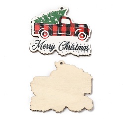 Red Single Face Christmas Printed Wood Big Pendants, Truck Charms with Christmas Tree, Red, 46.5x55x2.5mm, Hole: 2mm