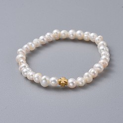White Stretch Kids Bracelets, with Brass Beads, Grade A Natural Freshwater Pearl Beads and Burlap Packing Pouches Drawstring Bags, Clover, White, 1-3/4 inch(4.5cm)