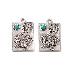 Butterfly Synthetic Turquoise Half Round Pendants, Rectangle Charms, with Rack Plating Antique Silver Tone Alloy Findings, Butterfly Pattern, 30x19x3mm, Hole: 2.5mm