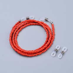 Red Eyeglasses Chains, Neck Strap for Eyeglasses, with Glass Seed Beads, Brass Crimp Beads and Rubber Loop Ends, Red, 30.7 inch(78cm)