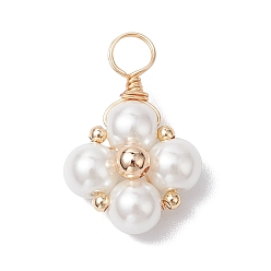 Золотой Подвески из латунной медной проволоки, со стеклянным жемчугом, ромб, золотые, 22.5x15x7 мм, отверстие : 4 мм