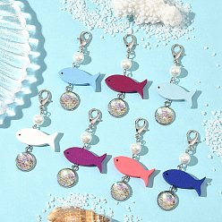 (52) Непрозрачная лаванда Плоские круглые подвески с рыбьей чешуей 304 из нержавеющей стали и смолы, с бусинами из рыбьего дерева и карабинами из цинкового сплава, разноцветные, 65 мм, Кулон : 47x30x8 мм