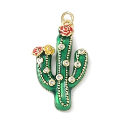 Зеленый Латунь эмаль подвески, подвески в форме кактуса с микропаве из кубических цирконий, стойки покрытие, без кадмия и без свинца, долговечный, реальный 18 k позолоченный, с целью перехода в кольце, зелёные, 30.5x18.5x4.5 мм, отверстие : 3.5 мм