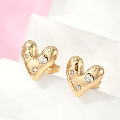 Настоящее золото 18K 304 серьги из нержавеющей стали горный хрусталь, сердце, ионное покрытие (ip), реальный 18 k позолоченный, 13x13.5 мм
