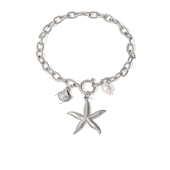 Нержавеющая Сталь Цвет 304 из нержавеющей стали шарм браслеты, браслеты-цепочки для женщин, морская звезда и форма раковины, с ракушкой и пресноводным жемчугом, цвет нержавеющей стали, 9-1/8 дюйм (23 см)