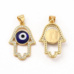 Dark Blue Rack Plating Brass Micro Pave Clear Cubic Zirconia Pendants, with Handmade Evil Eye Lampwork, Cadmium Free & Lead Free, Long-Lasting Real 18K Gold Plated, Hamsa Hand Charm, Dark Blue, 25.5x17x4mm, Hole: 5.5x3.5mm
