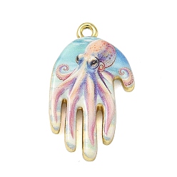 Colorful Printed Brass Pendants, Palm with Octopus Charms, Golden, Colorful, 25.5x15x3.5mm, Hole: 1.6mm