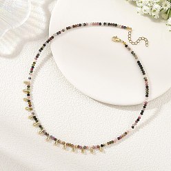 Tourmaline Natural Multicolor Tourmaline Faceted Rondelle Baded Necklaces with 201 Stainless Steel Teardrop Charms, Golden, 15.75 inch(40cm)