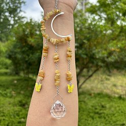 Топаз Нефрит Обернутые проволокой кусочки натурального топаза, нефрита и металлические подвесные украшения в форме луны, стеклянная круглая кисточка для украшения оконного сада, 270x50 мм