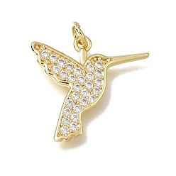 Oro Latón micro pavimenta claro colgantes de circonio cúbico, encantos de colibrí, chapado en rack, larga duración plateado, sin plomo y cadmio, dorado, 20x21.5x2 mm, agujero: 3 mm