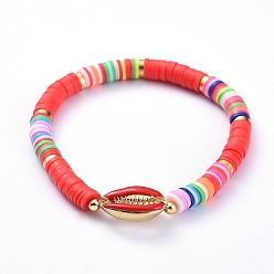 Red Handmade Polymer Clay Heishi Bead Stretch Bracelets, with Brass Beads and Cowrie Shell Shape Alloy Enamel Beads, Red, 2-1/4 inch(5.8cm)