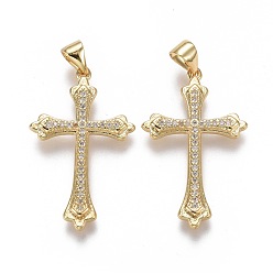 Настоящее золото 18K Латунные микро проложить кубического циркония подвески, крестик, прозрачные, реальный 18 k позолоченный, 30x18.5x2.5 мм, отверстие : 3.5x5.5 мм
