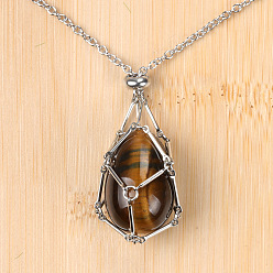 Тигровый глаз Кулон в виде клетки для пасхального яйца из натурального тигрового глаза 304 цепочка из нержавеющей стали, цвет нержавеющей стали, 27.56 дюйм (70 см)