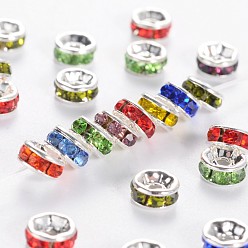 Mixed Color Brass Grade A Rhinestone Spacer Beads, Silver Color Plated, Nickel Free, Mixed Color, 5x2.5mm, Hole: 1mm