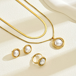 Золотой Винтажные круглые двойные ожерелья, серьги-гвоздики и комплекты колец из искусственного жемчуга из нержавеющей стали для женщин, золотые, ожерелья: 15.75 дюйм (40 см)