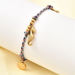 Темный Лосось Серия «Океан» 304 браслеты с подвесками из нержавеющей стали, регулируемые плетеные браслеты из хлопкового шнура для женщин, ионное покрытие (ip), реальный 18 k позолоченный, ракушка, морской конек и морская звезда, темный лосось, внутренний диаметр: 3-5/8 дюйм (9.1 см)