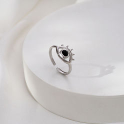 Stainless Steel Color 304 Stainless Steel Rhinestone Cuff Open Rings for Women, Evil Eye, Stainless Steel Color, 10mm, Adjustable