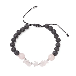 Розовый Кварц Женские плетеные браслеты из бусин из натурального розового кварца и лавы, круглый и звездный, внутренний диаметр: 2-3/8~3-3/8 дюйм (5.9~8.5 см)